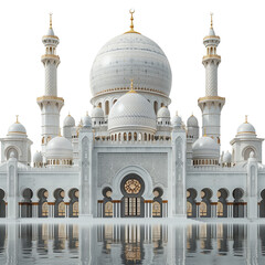 Fototapeta na wymiar The artistic building of a magnificent Islamic mosque with charming textures of building elements, transparent white background. Great for business, background, blog, web, religious etc
