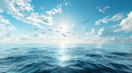 Ocean is calm and blue, with no visible waves. The sky is clear and bright, creating a peaceful and serene atmosphere