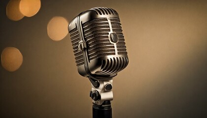 vintage charm of a classic microphone, set against a warm, dimly lit background, accentuating its timeless elegance