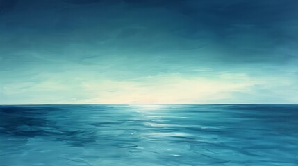 A painting of a calm ocean with a bright sun in the sky. The mood of the painting is peaceful and serene