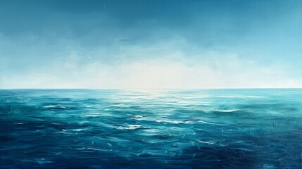 A painting of the ocean with a blue sky in the background. The mood of the painting is calm and peaceful - obrazy, fototapety, plakaty