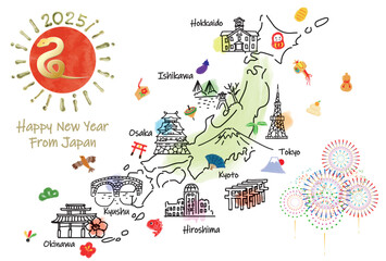日本の観光地のイラストマップ年賀状2025年