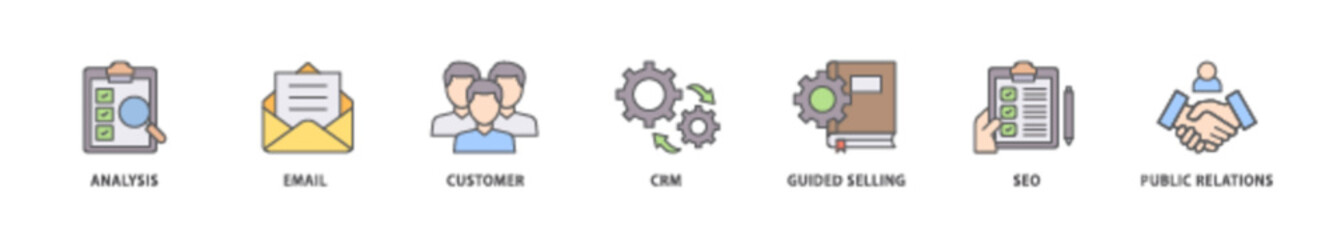 Inbound marketing icon packs for your design digital and printing of analysis, email, customer, crm, guided selling, seo and public relations icon live stroke and easy to edit 