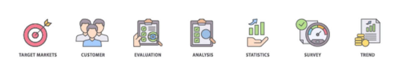 Market research icon packs for your design digital and printing of target markets, customer, evaluation, analysis, statistics, survey and trend icon live stroke and easy to edit 