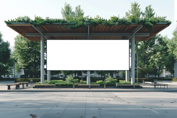 Large landscape billboard in a pedestrian plaza isolated on white background.