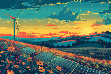Pop art illustration of renewable energy sources, wind turbines and solar panels in a colorful setting. - obrazy, fototapety, plakaty