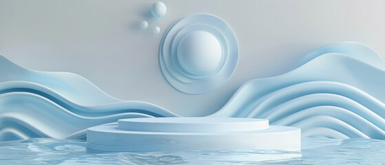 Water-themed 3D podium for product display, abstract cosmetic platform with blue beauty elements, minimal and clean design.