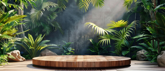 Wooden podium in jungle studio, cosmetic product display, garden beauty platform with tropical stone pedestal.