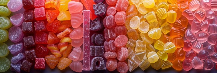 Panoramic view of an assorted selection of colorful gummy candies arranged in a gradient.