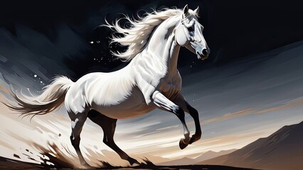 Obraz na płótnie Canvas Twilight Vigor: White Horse Galloping Under a Dusk Sky