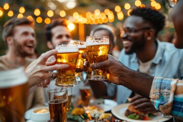 A dinner party in the outdoor courtyard with a group of friends from different nationalities - different young people sitting at tables in the bar, toasting with beer mugs in the bar garden - happy ho - obrazy, fototapety, plakaty