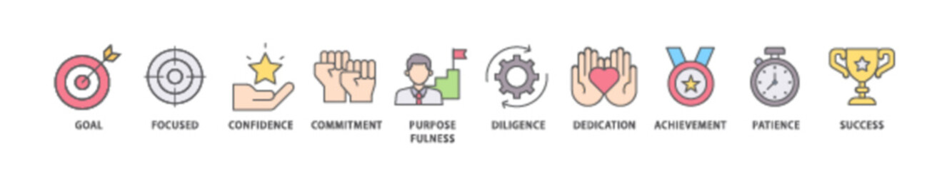 Perseverance icon packs for your design digital and printing of goal, focused, confidence, commitment, purposefulness, diligence, dedication, achievement icon live stroke and easy to edit 