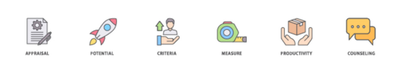 Performance review icon packs for your design digital and printing of appraisal, potential, criteria, measure, productivity, and counseling icon live stroke and easy to edit 