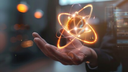 Hand holding a glowing hydrogen atom, Futuristic , Cyberpunk