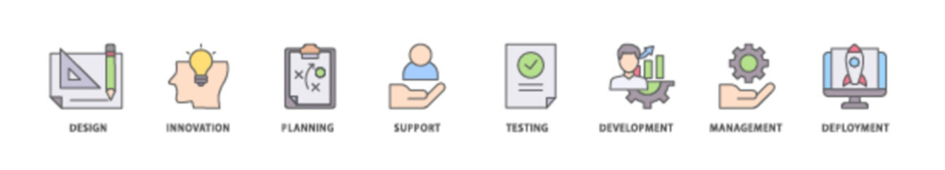 Product icon packs for your design digital and printing of innovation, objective, service, efficiency, delivery, quality and price icon live stroke and easy to edit 