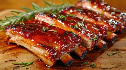 Ribs with rosemary on top of wooden cutting board - obrazy, fototapety, plakaty