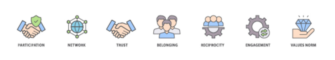 Social capital icon packs for your design digital and printing of participation, network, trust, belonging, reciprocity, engagement, and values norm icon live stroke and easy to edit 