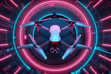 A drone with four propellers is centered in the picture, surrounded by circular blue and pink neon lines forming DRONE psychiatric sports The overall design of highdefinition vector illustrations has - obrazy, fototapety, plakaty