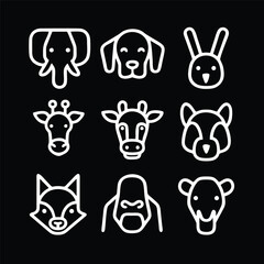A set of nine icon illustration of a unique animal concept. elephant, dog, rabbit, giraffe, cow,squirrel, fox, gorilla, camel. Set collection of animals Icons. Simple line art style icons pack