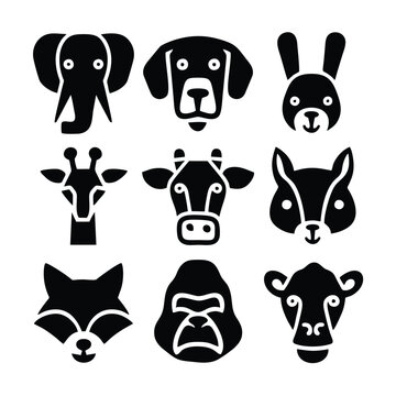 A set of nine icon illustration of a unique animal concept. elephant, dog, rabbit, giraffe, cow,squirrel, fox, gorilla, camel. Set collection of animals Icons. Simple line art style icons pack