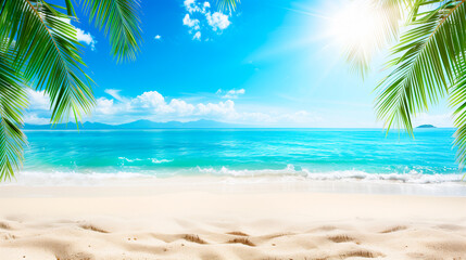 Tropical beach with palm trees and golden sand. Travel concept. Relax on vacation