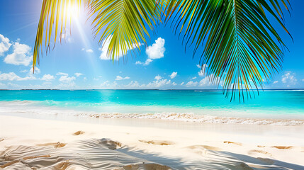 Tropical beach with palm trees and golden sand. Travel concept. Relax on vacation