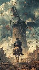 Craft a scene of Don Quixote battling windmills in a glitch art style Utilize unexpected camera angles to emphasize the clash between classic literature and modern technology
