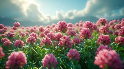 Fototapeta na wymiar Enchanting Field of Vibrant Red Clover Flowers with Unreal Engine Style Rendering