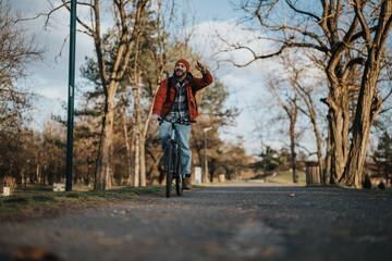 Young man in casual attire leisurely biking in a scenic park surrounded by autumn foliage