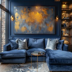 Navy Living Space with Corner Sofa and Gold Pillows