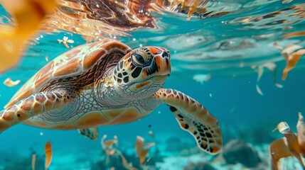 A closeup of a sea turtle swimming through clear blue waters surrounded by debris from singleuse plastics highlighting the harmful impact of nonrenewable resources on marine life. .