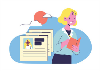 Woman is Selecting Data on Job Applicants Illustration. Hiring concept illustration.