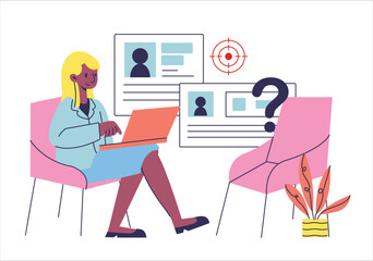 Woman is Selecting Data for Job Interview Illustration. Hiring concept illustration.