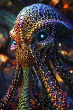 alien organic life form with mandelbulb fractal patterns, bioluminescent skin with glowing eyes and tentacles, golden ratio body proportions, otherworldly fantasy art style, digital painting with intr