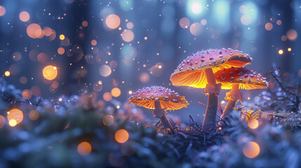 Enchanting fairy-tale forest with glowing mushrooms, creating a captivating landscape. - obrazy, fototapety, plakaty