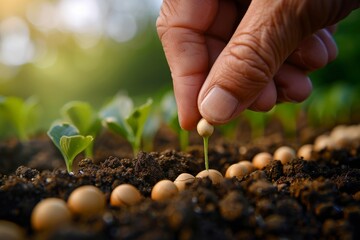  Human hand planting a seed in soil soft afternoon light - obrazy, fototapety, plakaty