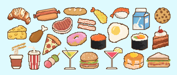Food pixel art collection illustration. Pixel art food computer design. Vector illustration restaurant pixelated element fast food retro game. 