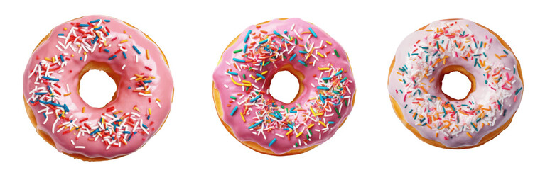 set of pink donuts with sprinkles isolated on transparent background