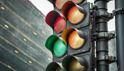close-up of a traffic light on the board, displaying vivid red, yellow, and green signals against a neutral backdrop, traffic single light background