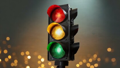 close-up of a traffic light on the board, displaying vivid red, yellow, and green signals against a neutral backdrop, traffic single light background - obrazy, fototapety, plakaty
