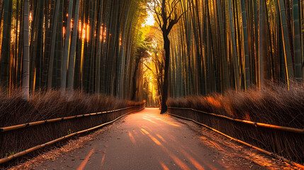 A pathway lined with towering bamboo on either side, leading into the heart of a dense bamboo...
