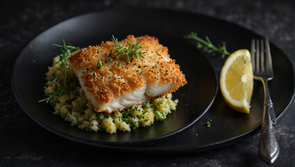 A piece of fish is served on a plate with a side of rice and vegetables