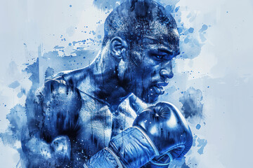 Blue watercolor painting of Male boxer athlete, Sport, competition