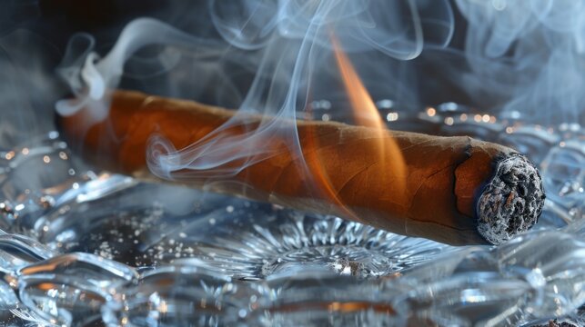 A burning cigar on a classic glass ashtray.
