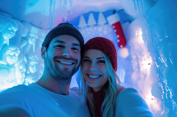 A happy couple took a selfie photo in the magical ice house with blue light, Christmas decorations,...