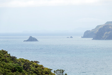 Fletcher Bay coastal cliffs on the remote Coromandel Coastal Walkway, breathtaking views of the Pacific Ocean and the rugged Moehau Range, New Zealand
