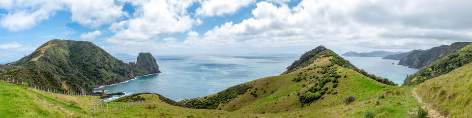 Fletcher Bay coastal cliffs on the remote Coromandel Coastal Walkway, breathtaking views of the...