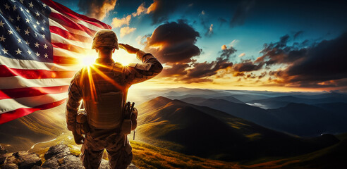 Web banner design of an American soldier saluting the American flag