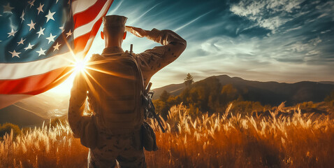 Web banner design of an American soldier saluting the American flag - obrazy, fototapety, plakaty