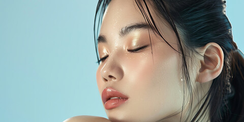 close up portrait of a beautiful Asian woman with glossy lips and closed eyes wearing light makeup and having clean, generative AI